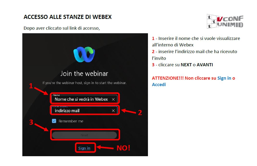 istruzioni accesso webex